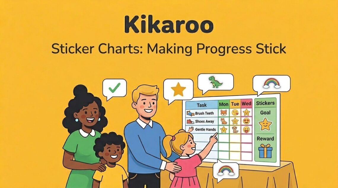 A family using a sticker chart for kids to track daily tasks like brushing teeth and putting shoes away