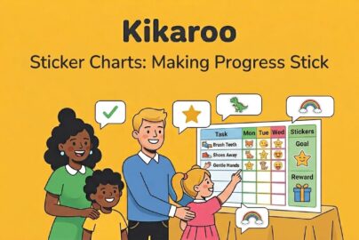 A family using a sticker chart for kids to track daily tasks like brushing teeth and putting shoes away