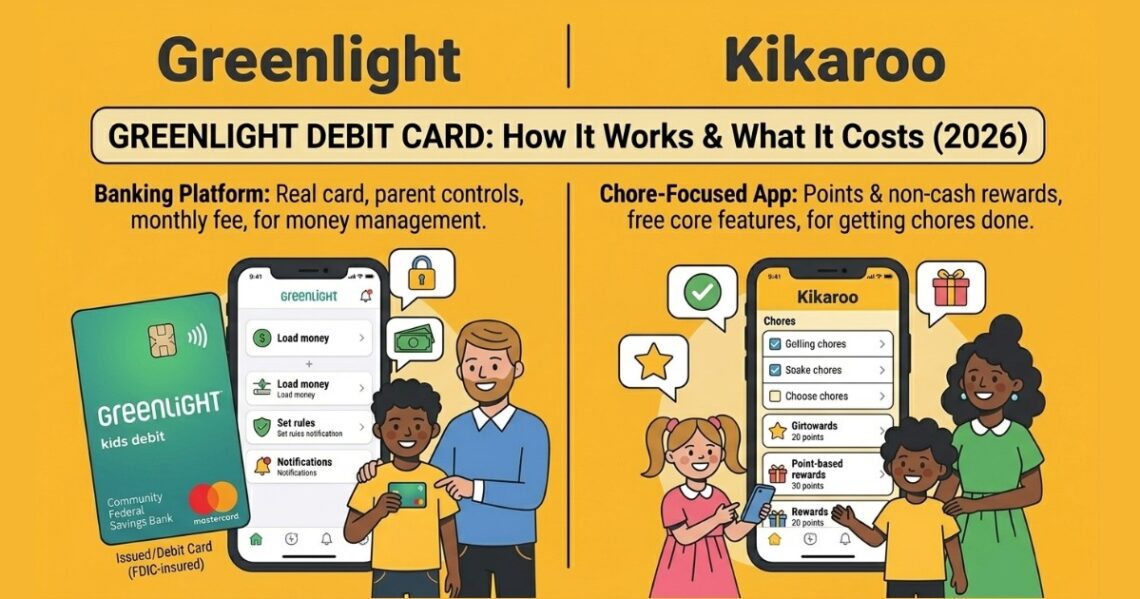 Greenlight kids debit card next to a no-card chore app