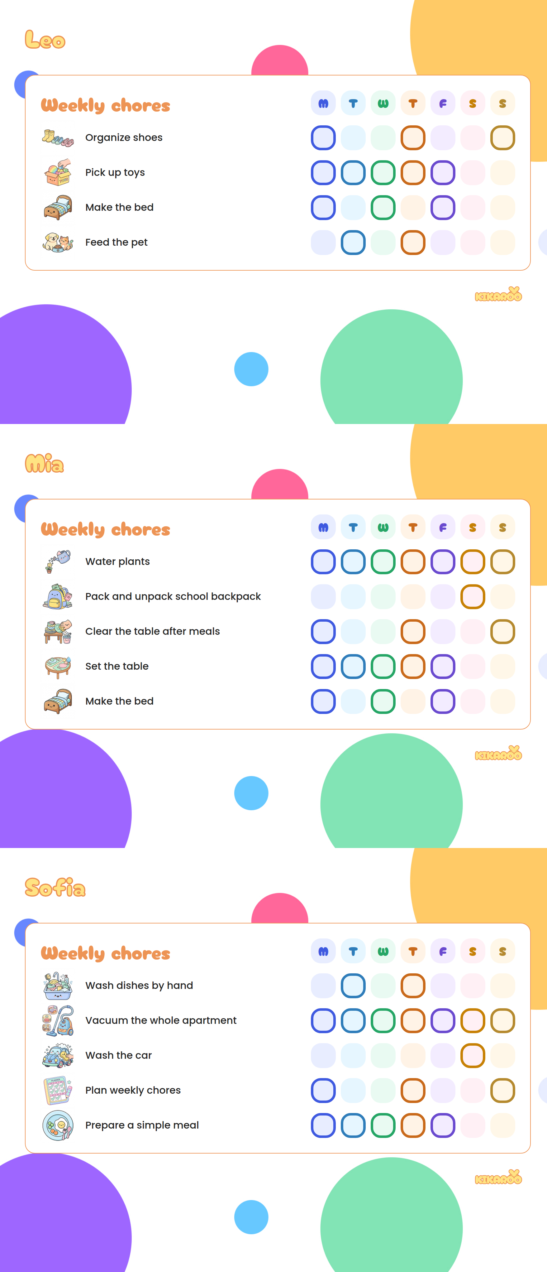Printable chore charts by age, for a 5-year-old, a 9-year-old and a teen, colorful style, with picture chores: organize shoes, pick up toys, make the bed, feed the pet.
