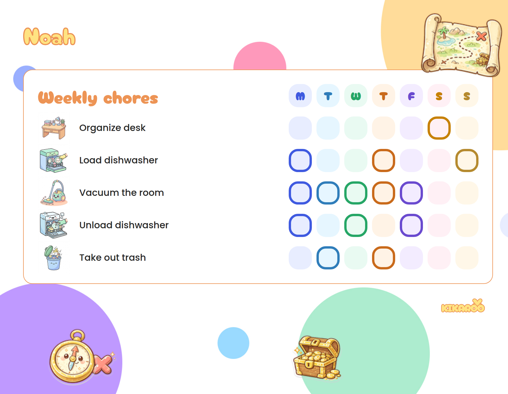 Printable chore chart for a 10-year-old, adventure map style, with picture chores: organize desk, load dishwasher, vacuum the room, unload dishwasher.