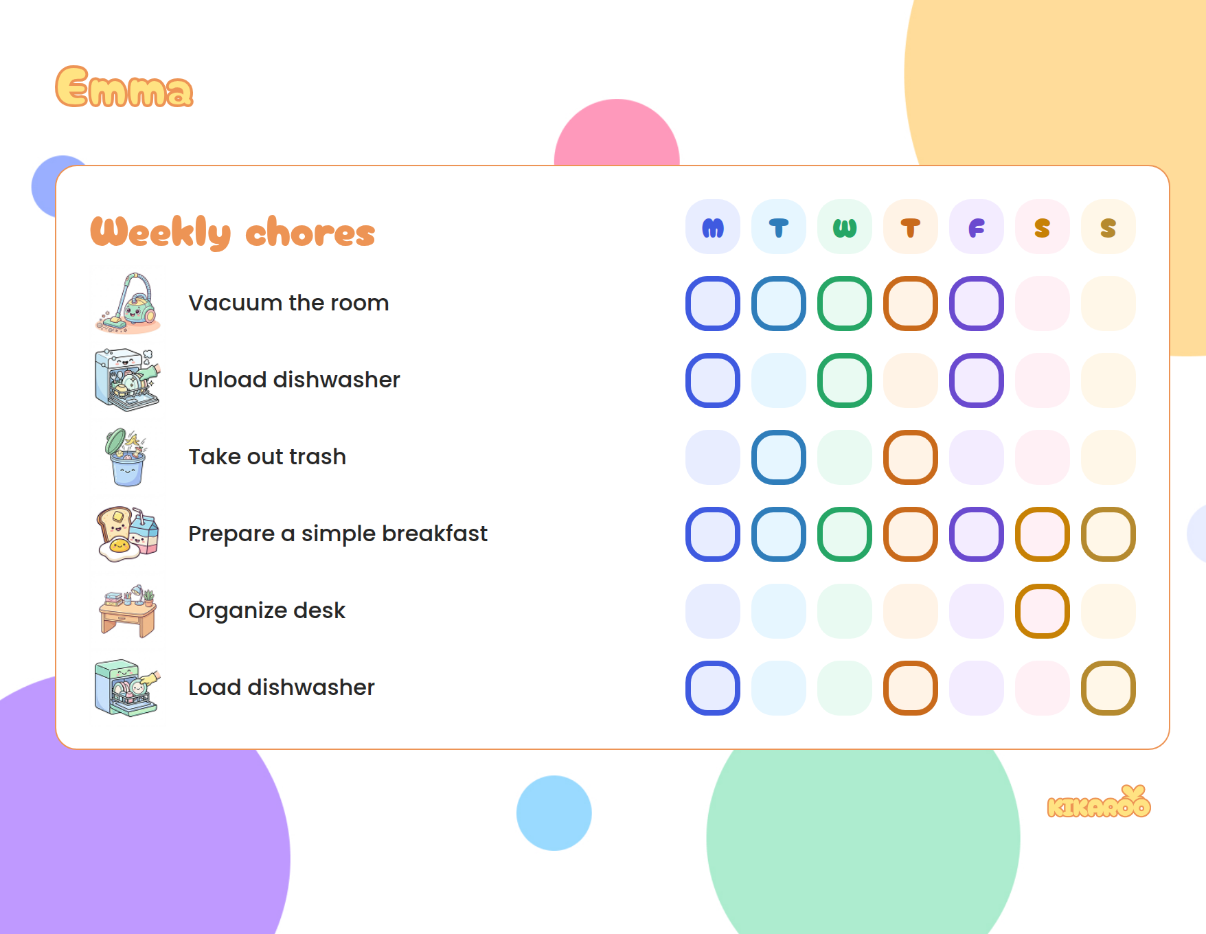 Printable chore chart for a 12-year-old, pastel style, with picture chores: vacuum the room, unload dishwasher, take out trash, prepare a simple breakfast.