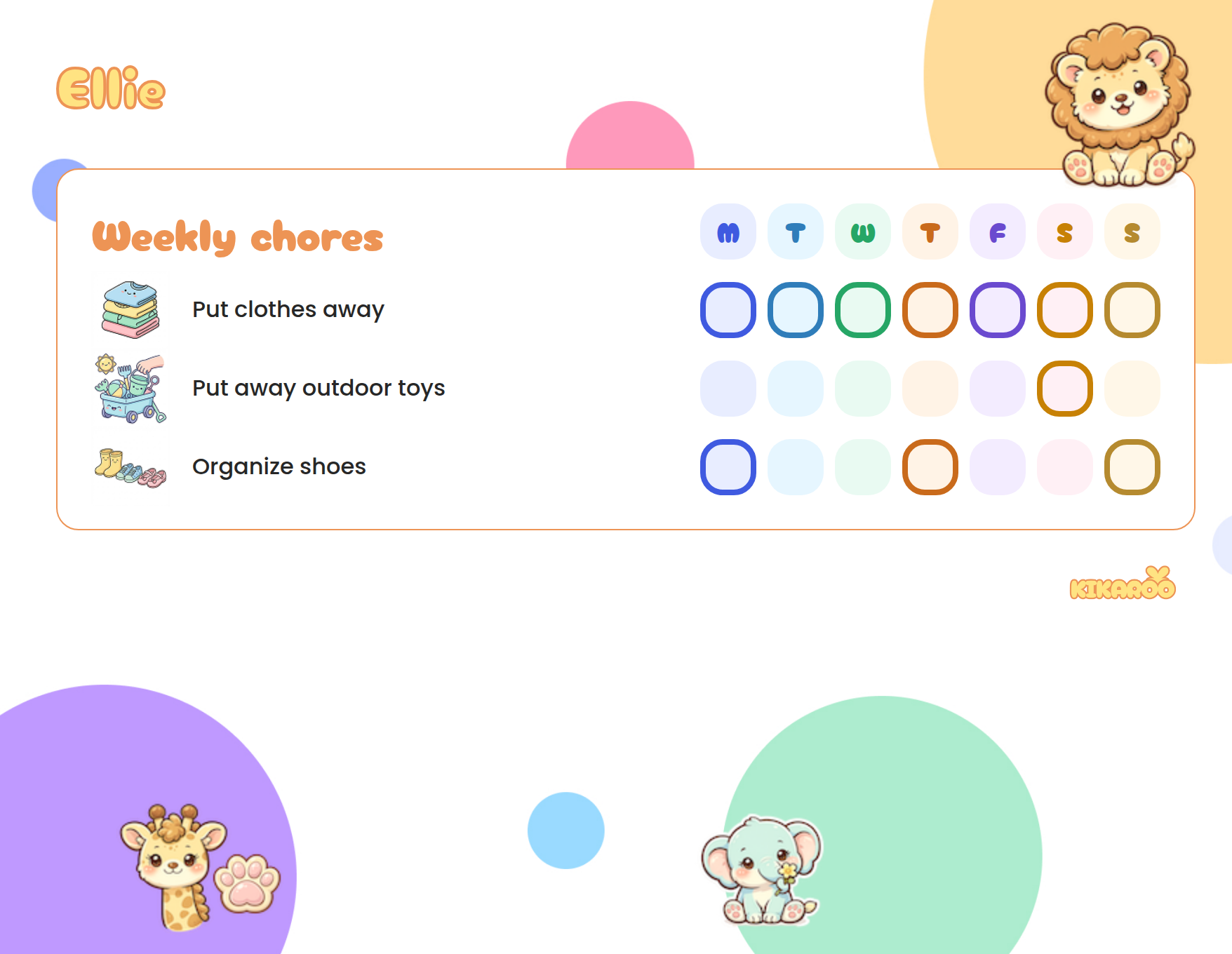 Printable chore chart for a 3-year-old, safari animals style, with picture chores: put clothes away, put away outdoor toys, organize shoes.
