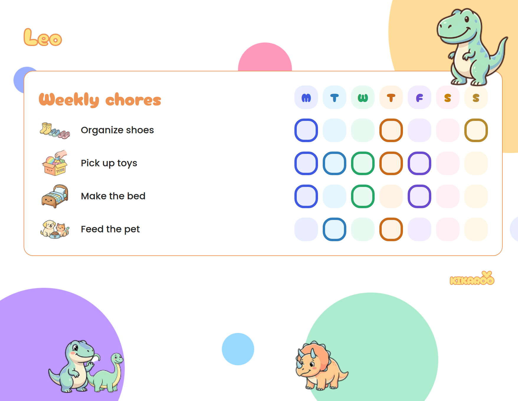 Printable chore chart for a 5-year-old, dinosaur style, with picture chores: organize shoes, pick up toys, make the bed, feed the pet.