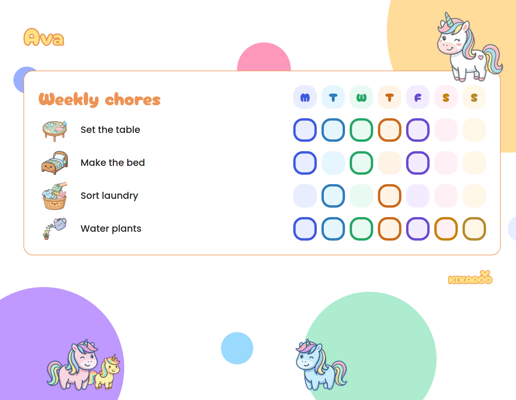 Printable chore chart for a 6-year-old, unicorn style, with picture chores: set the table, make the bed, sort laundry, water plants.