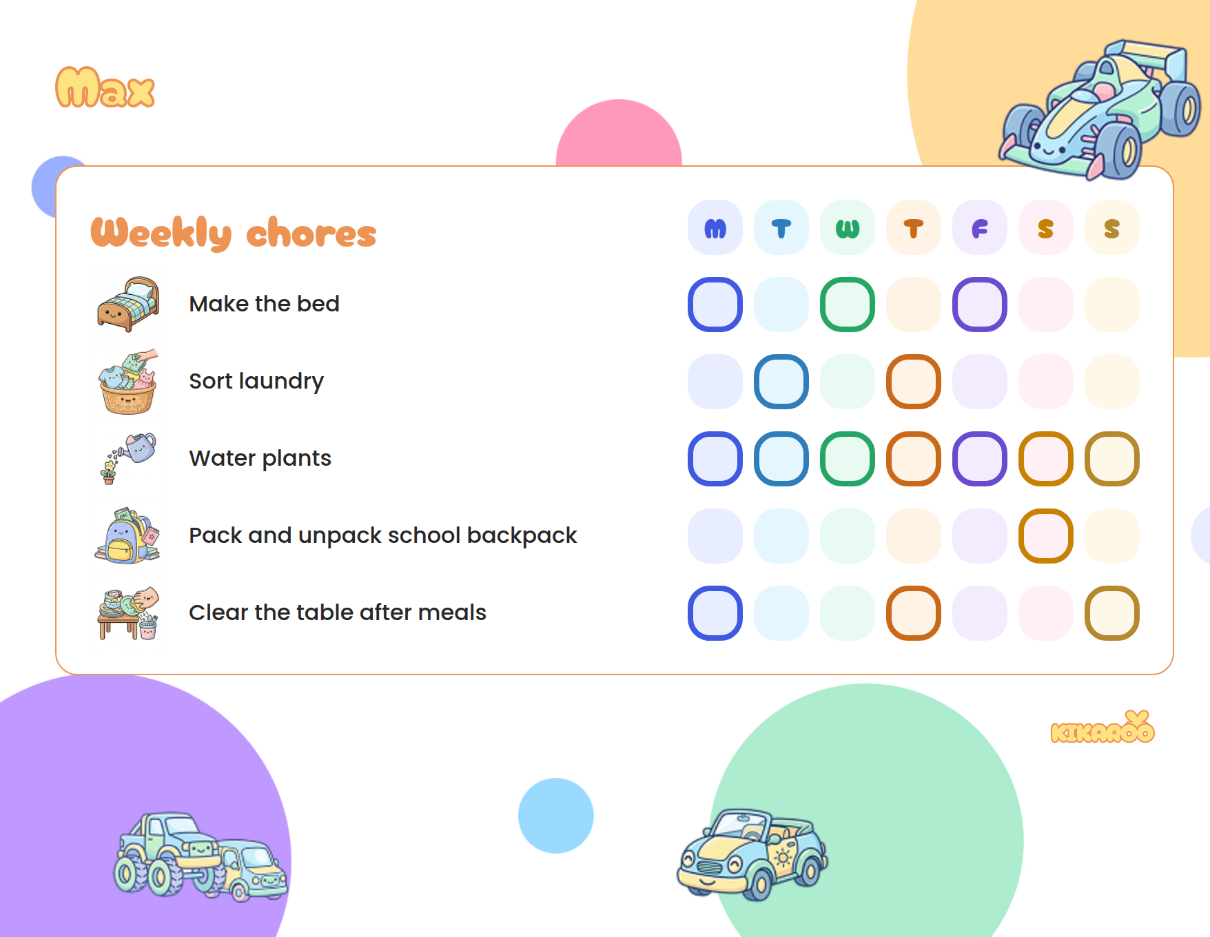 Printable chore chart for a 7-year-old, race cars style, with picture chores: make the bed, sort laundry, water plants, pack and unpack school backpack.