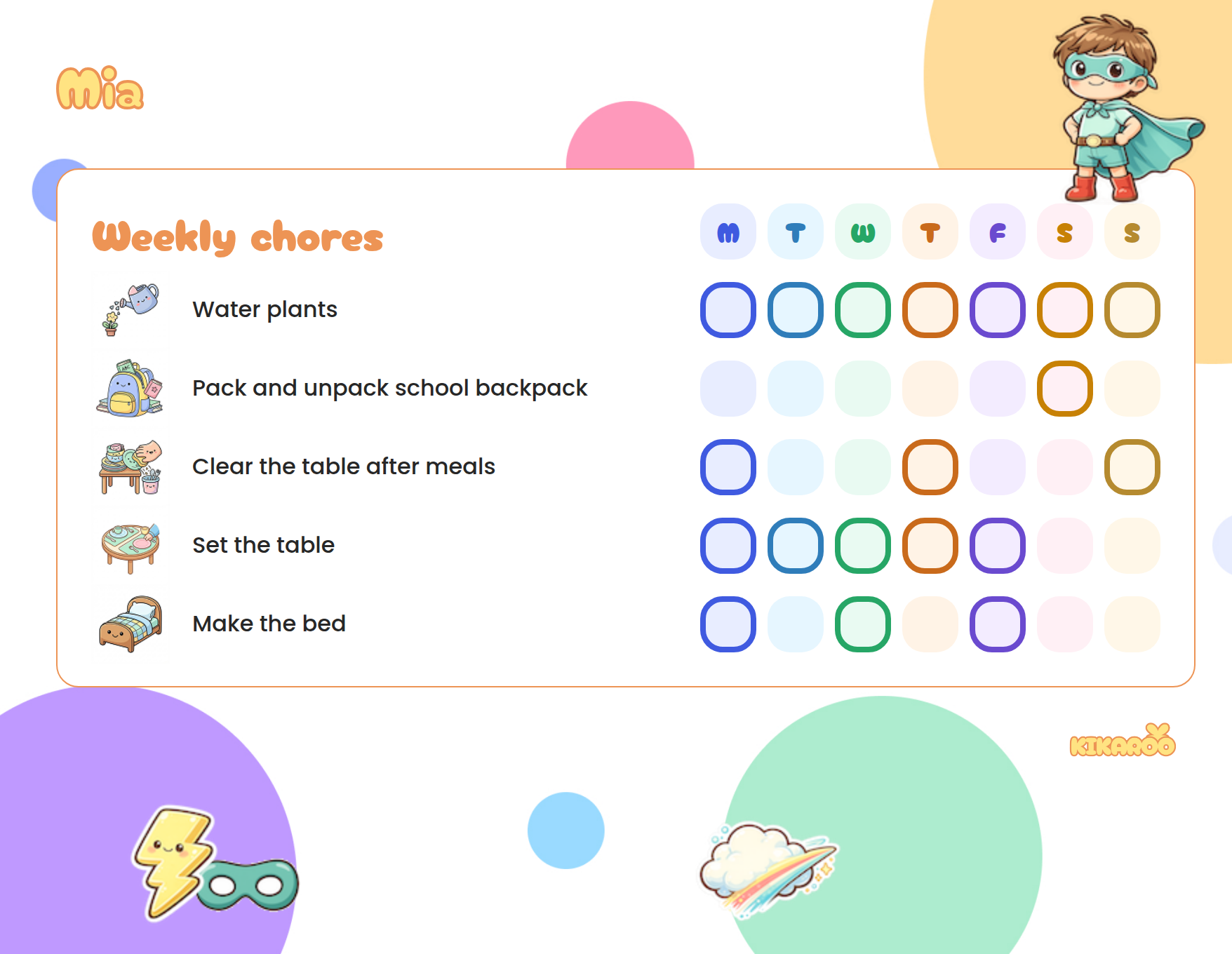 Printable chore chart for a 9-year-old, superhero style, with picture chores: water plants, pack and unpack school backpack, clear the table after meals, set the table.