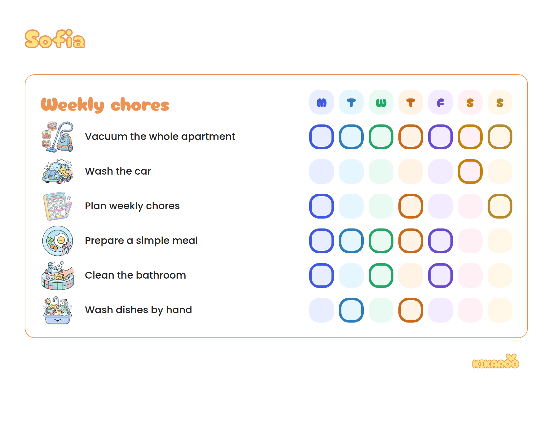 Printable chore chart for teens, minimalist style, with picture chores: vacuum the whole apartment, wash the car, plan weekly chores, prepare a simple meal.