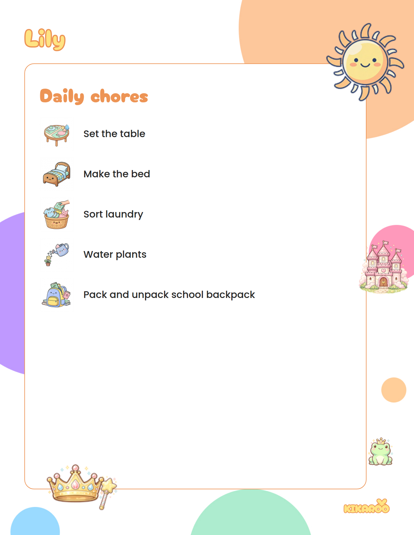 Printable daily chore chart for kids, princess castle style, with picture chores: set the table, make the bed, sort laundry, water plants.