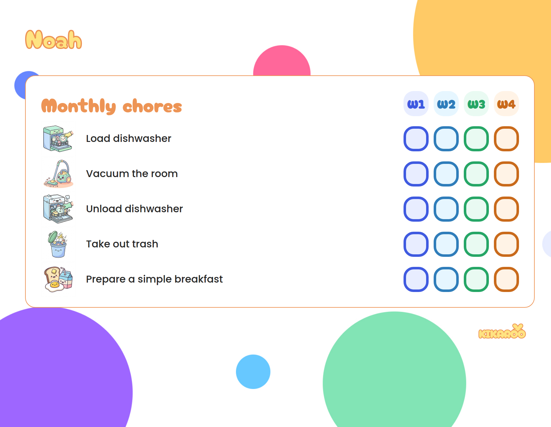 Printable monthly chore chart for kids, colorful style, with picture chores: load dishwasher, vacuum the room, unload dishwasher, take out trash.
