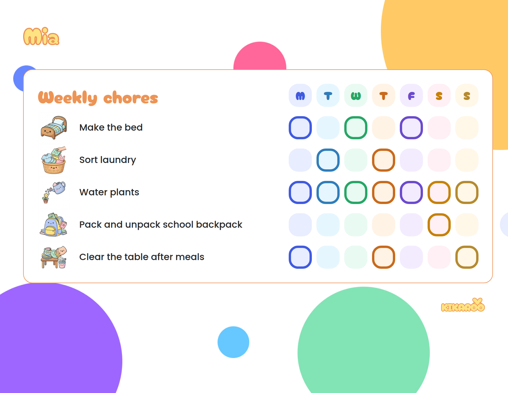 Printable chore chart for kids, colorful style, with picture chores: make the bed, sort laundry, water plants, pack and unpack school backpack.
