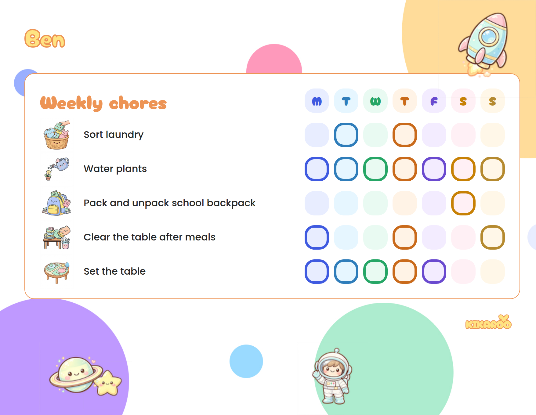 Printable weekly chore chart for kids, space style, with picture chores: sort laundry, water plants, pack and unpack school backpack, clear the table after meals.