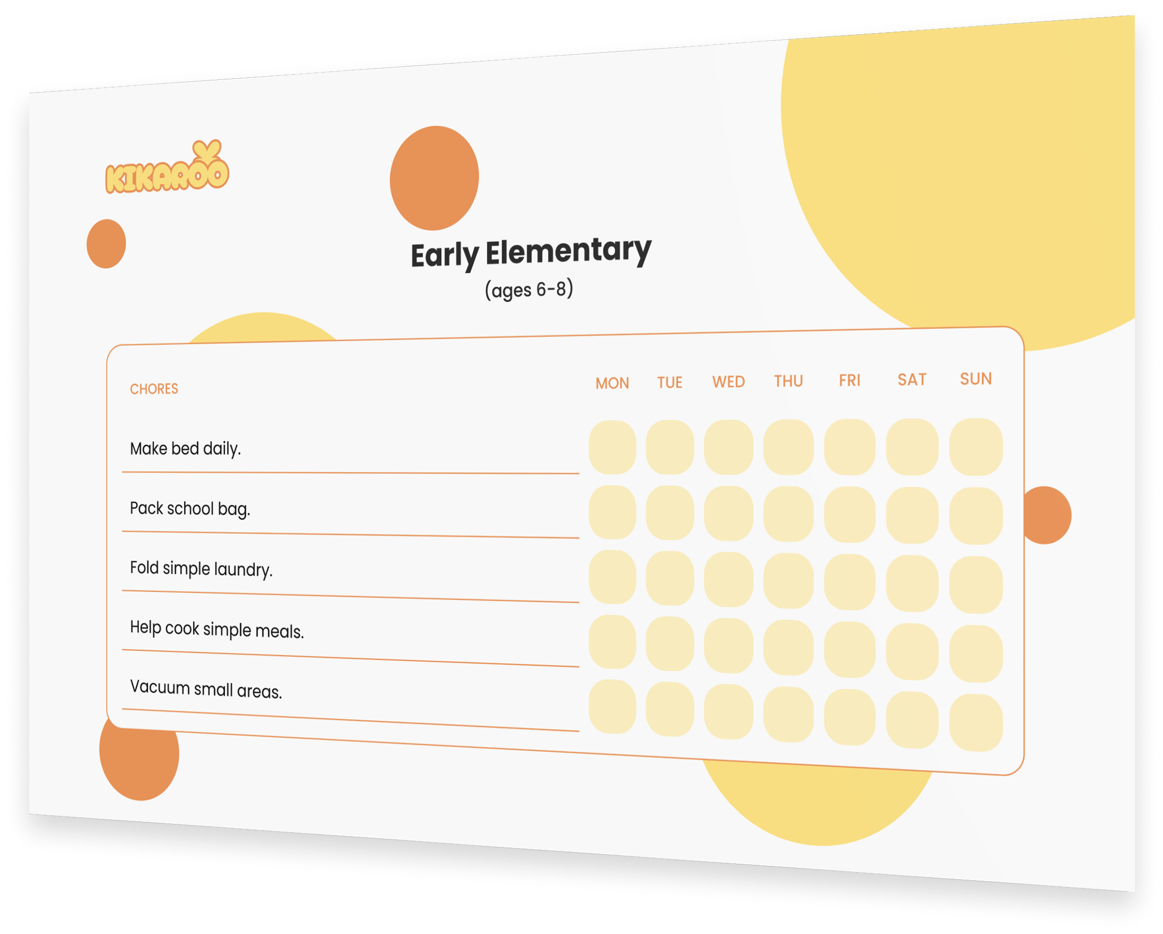 Colorful chore chart for early elementary kids